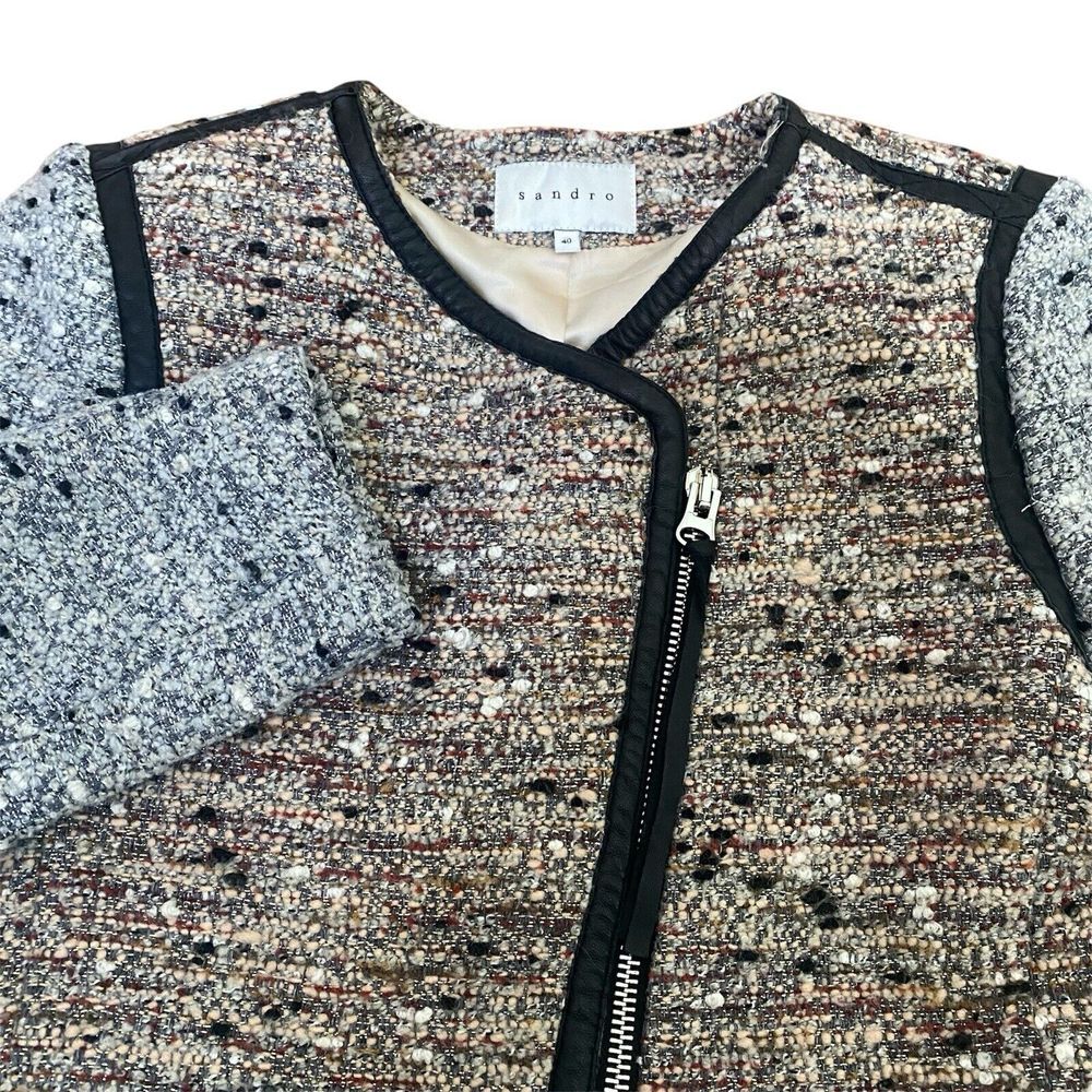 Sandro Paris Vertige Tweed Lamb‎ Leather Motorcycle Jacket
